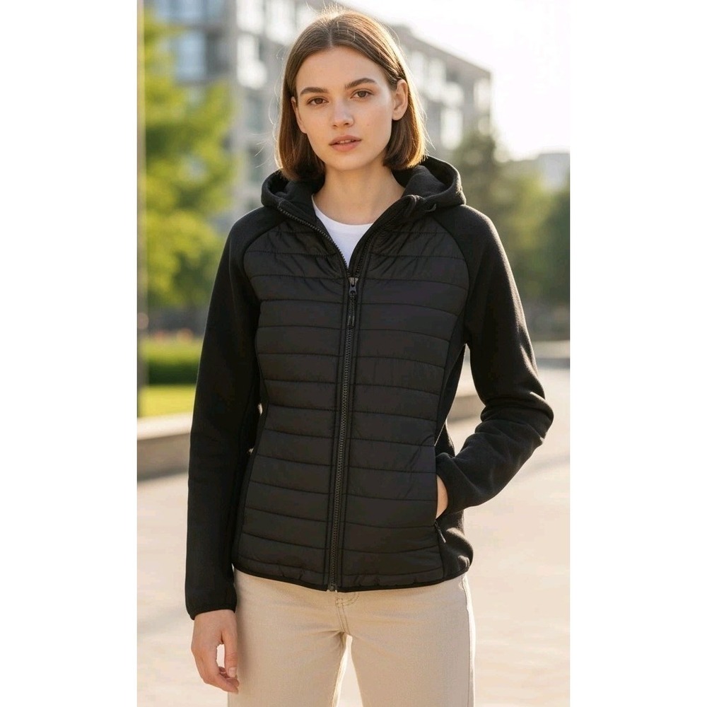 Athleta Girl Black Puffer Jacket Hooded Quilted Back To School XL 14 Thumbholes